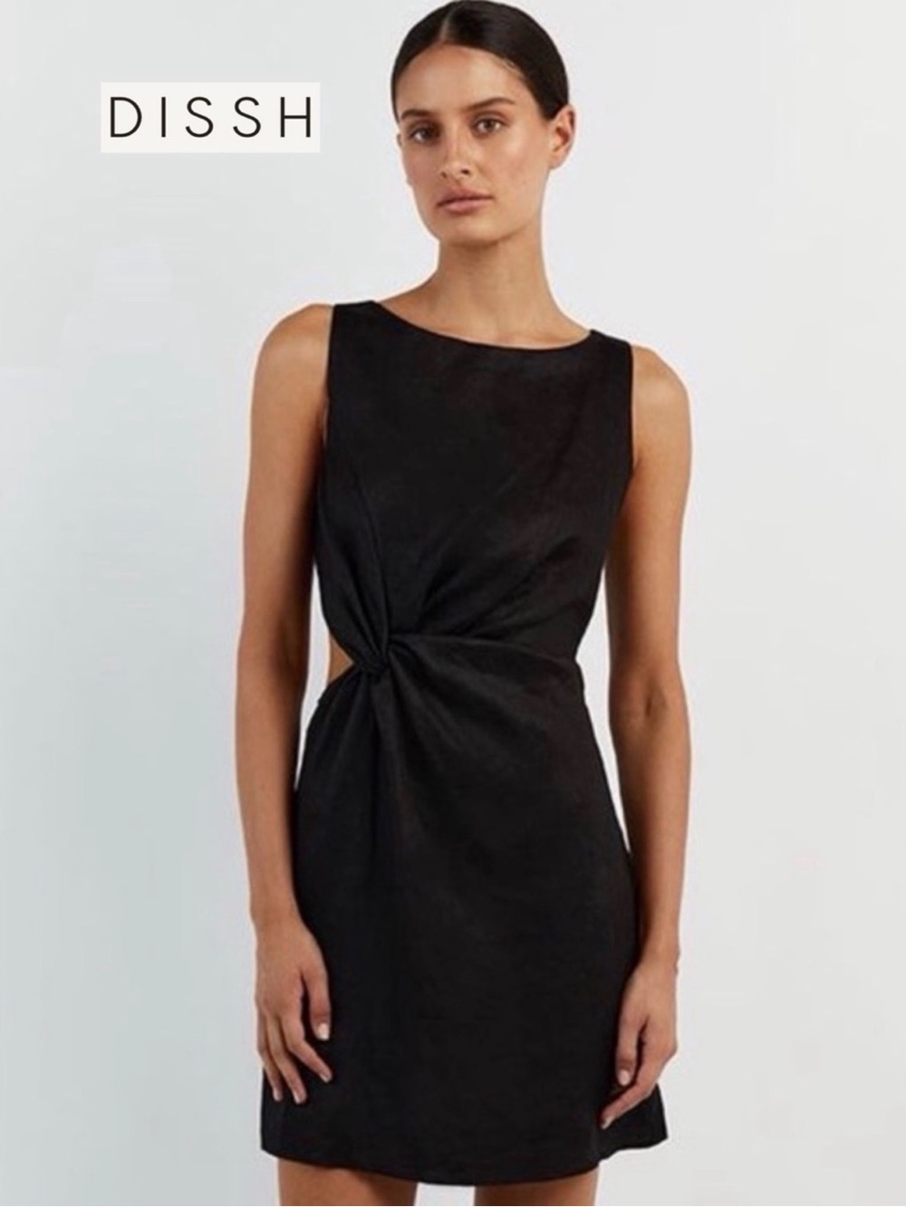 DISSH Leilani Black Linen Twist-Waist Mini Dress